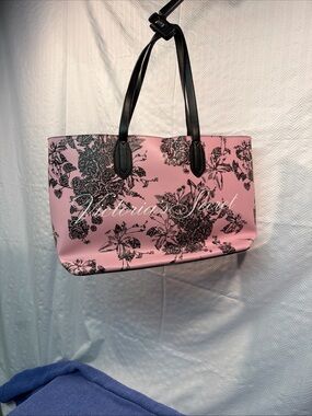 Victoria's Secret Floral Print Pink Black Tote Bag with Black Handles NWOT